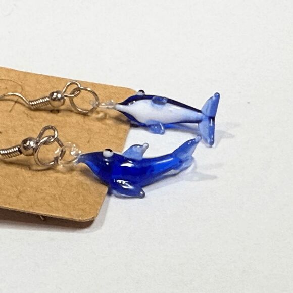 Handmade Blue Glass 1" Dolphin Dangle Earrings Beach Style Fashion Jewelry - Picture 4 of 4